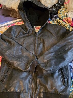 Levi's Black Hooded Faux-Leather Bomber Jacket